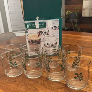 Indiana Glass Christmas Holiday Holly Set of 8 Rocks Glasses 10 Ounce
